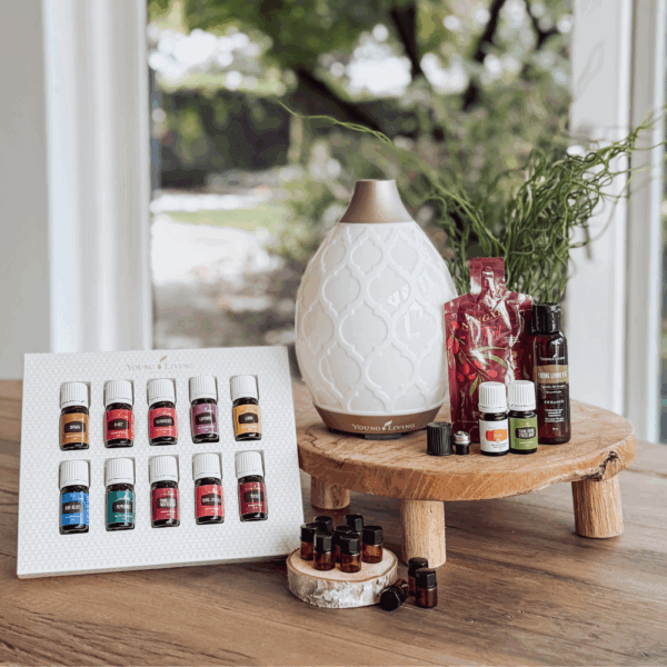 Starterkit met Desert Mist Diffuser – stijlvolle diffuser in wit mozaïekdesign met 12 etherische oliën, draagolie en NingXia Red voor een gezonder huis